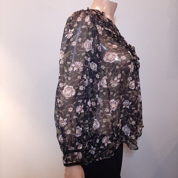 Zara Sheer Floral Blouse Womens Size Medium Black Long Sleeve Boho Peasant Top - Picture 14 of 15